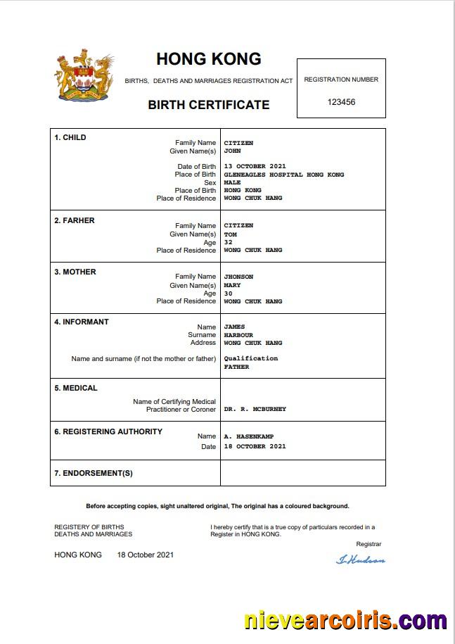 Hong Kong birth certificate